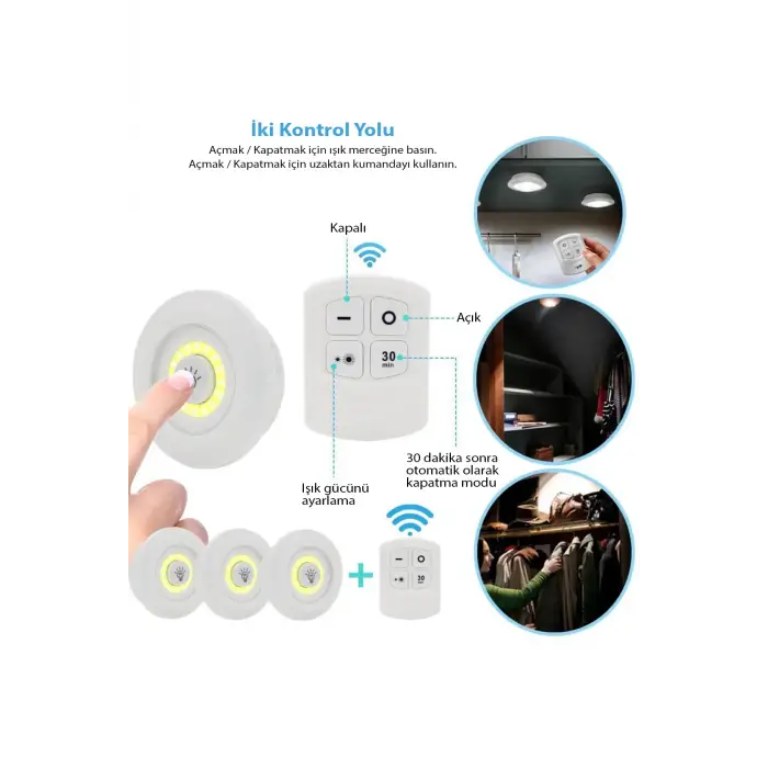 Uzaktan Kumandalı Yapışkanlı Kablosuz Pilli 3lü Spot Lamba Beyaz Işıklı Mutfak Dolap Altı Işığı KKS103