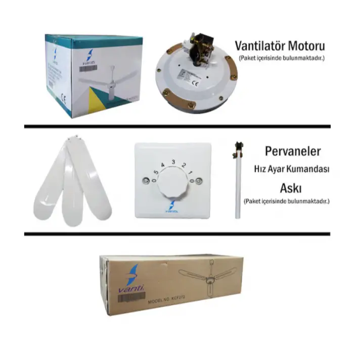 Vanti KCF272 80W 142cm Sac Beyaz 3 Kanatlı Duvardan Kumandalı Tavan Vantilatörü