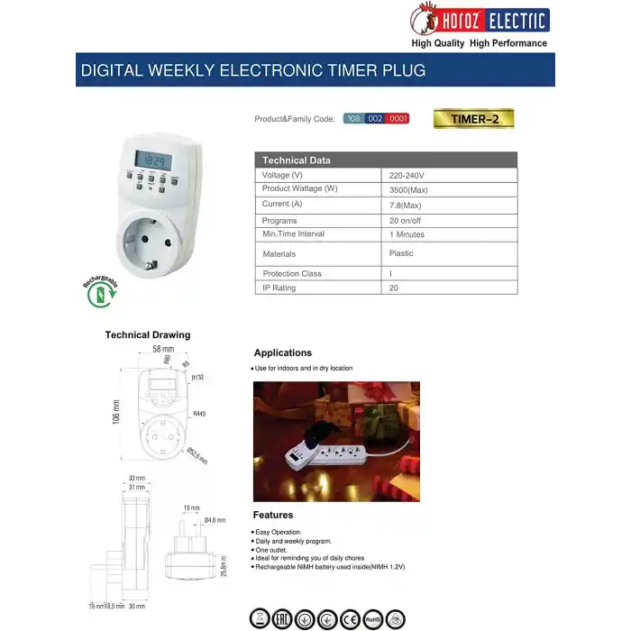 Horoz Timer-2 Dijital Ayar Zaman Saati Prizi Rolesi Haftalık 20 Programlı Açma-Kapama