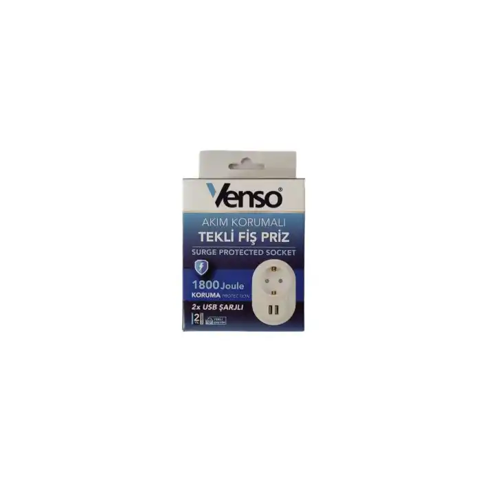 Venso Akım Korumalı Tekli Fiş priz 2x Usb Şarjlı VN6002