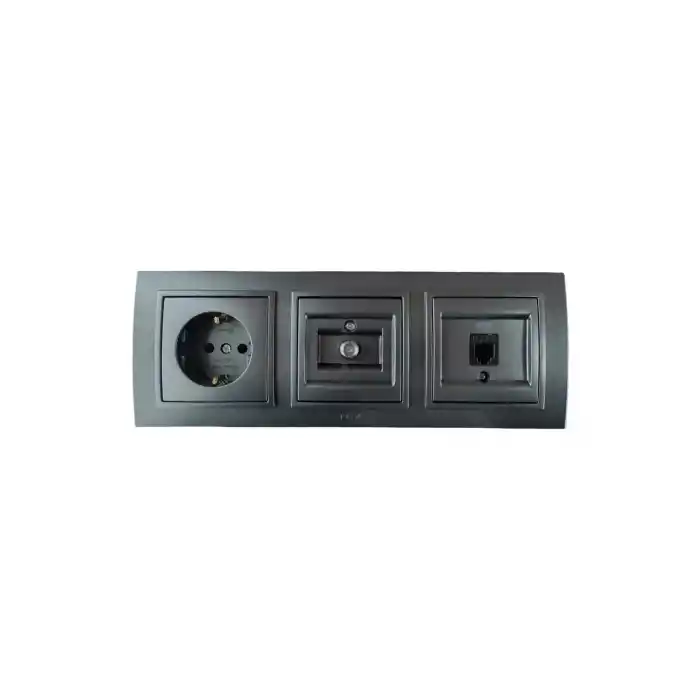 Elbi Zena Füme Üçlü Set Topraklı Priz + Tv Uydu Prizi + Nümeris Cat3
