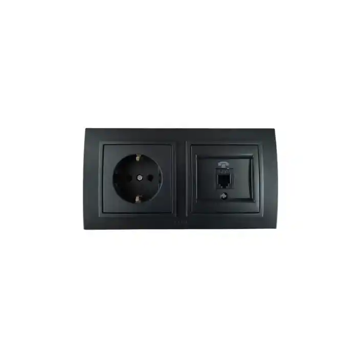 Elbi Zena Siyah İkili Set Topraklı Priz + Nümeris Cat3 Rj11