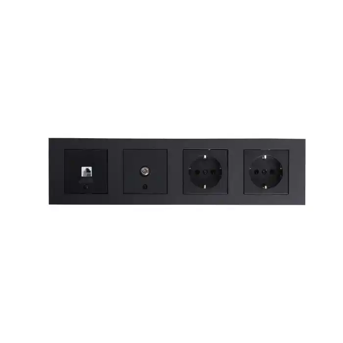 Ovivo Grano Siyah Dörtlü Set Topraklı Priz + Topraklı Priz + Uydu Tv Prizi + Nümeris Telefon Prizi Cat3