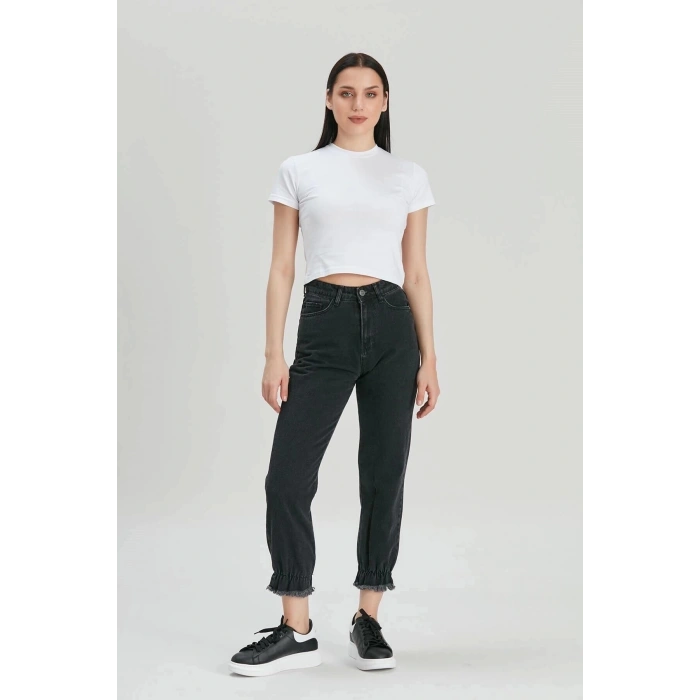 Kadın Füme Mom Jeans Püsküllü Lastik Paça