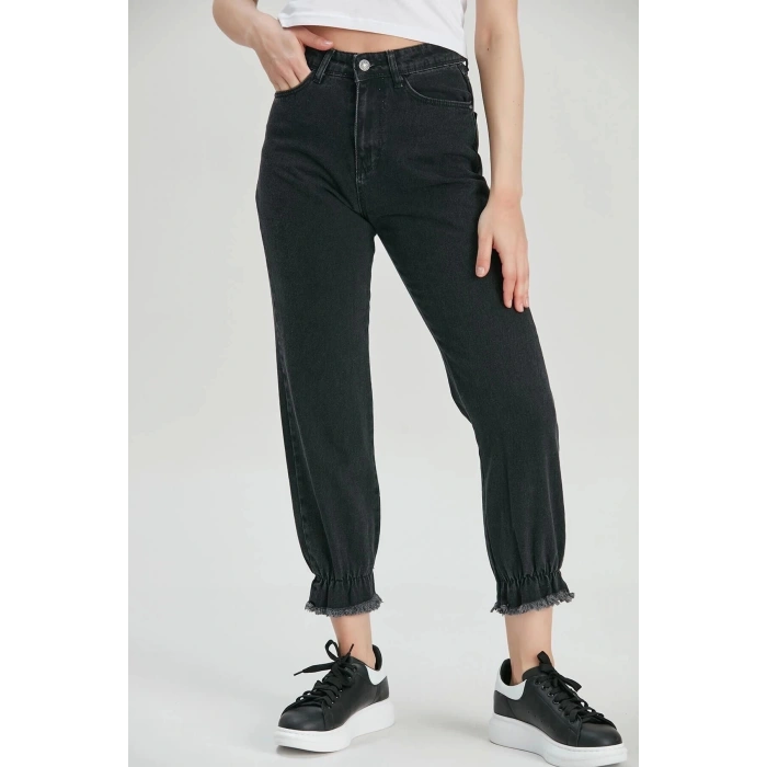 Kadın Füme Mom Jeans Püsküllü Lastik Paça