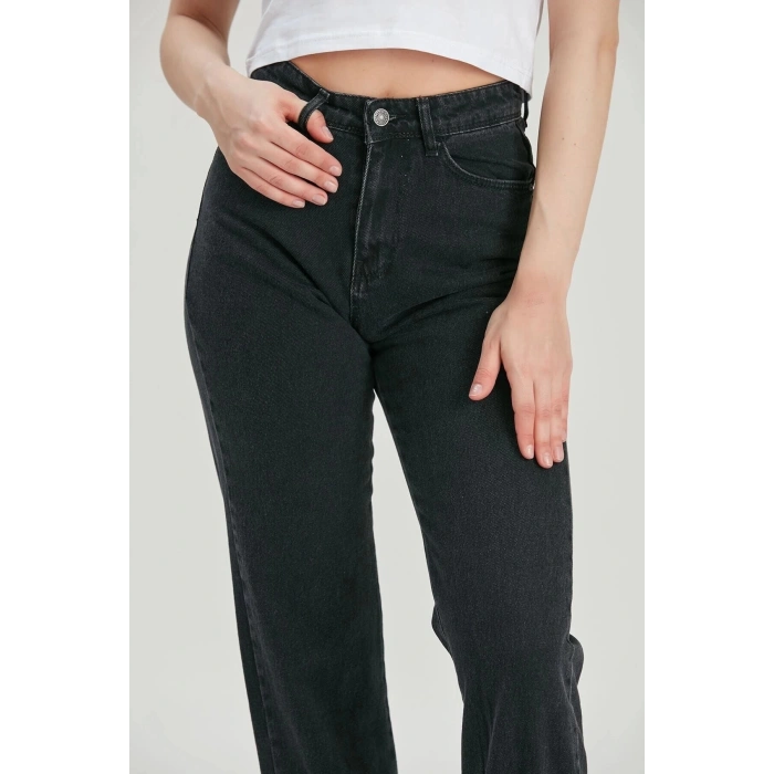 Kadın Füme Mom Jeans Püsküllü Lastik Paça