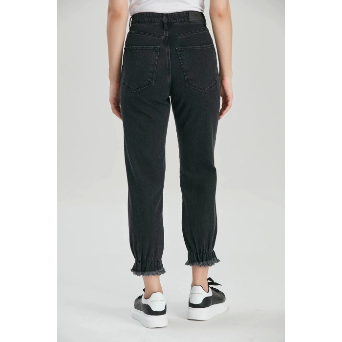 Kadın Füme Mom Jeans Püsküllü Lastik Paça