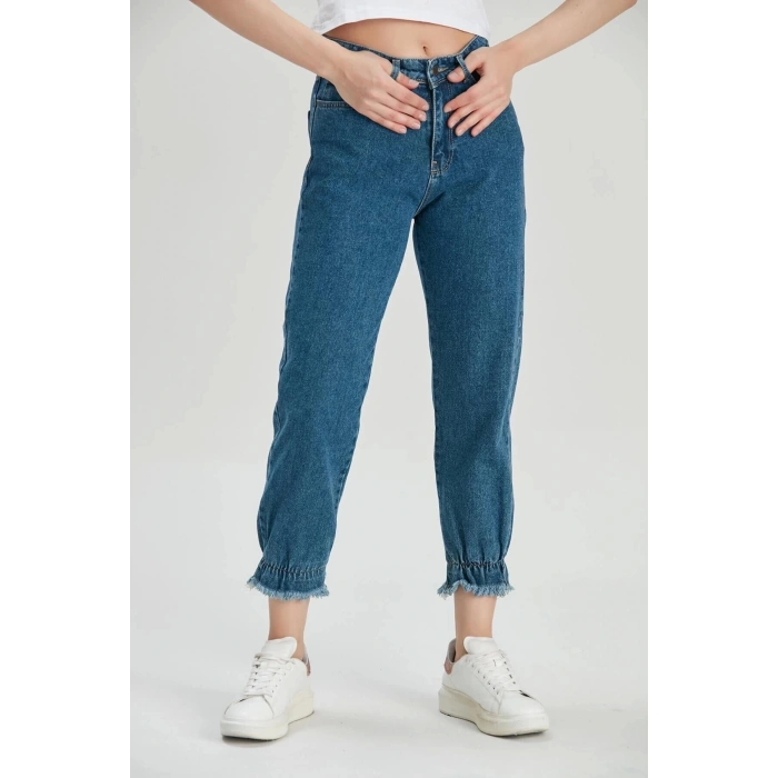 Paça Lastik Detay Püsküllü Mom Jean Lacivert