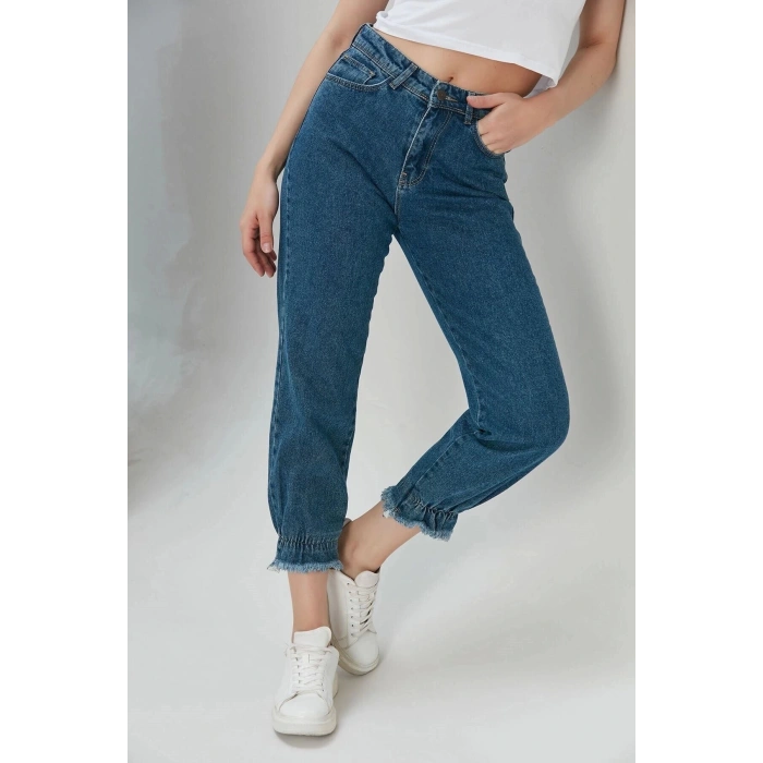 Paça Lastik Detay Püsküllü Mom Jean Lacivert