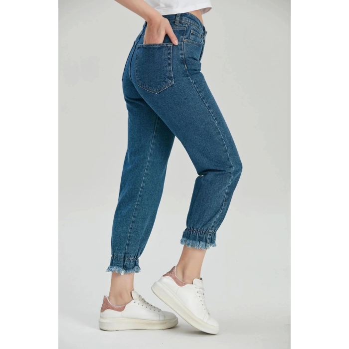 Paça Lastik Detay Püsküllü Mom Jean Lacivert