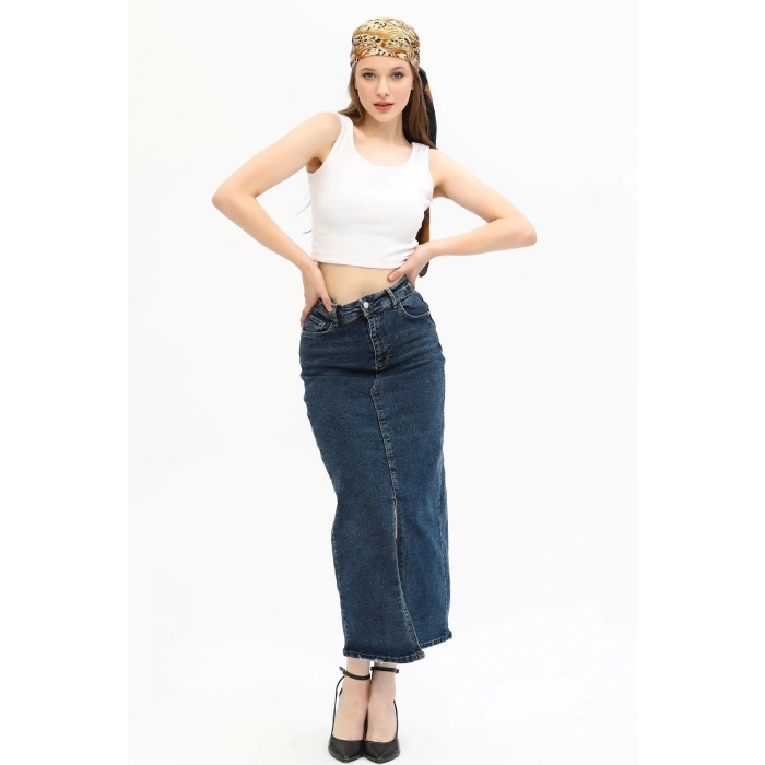 Kadın Yırtmaçlı Kot Etek Midi Boy Koyu Kar Yıkama