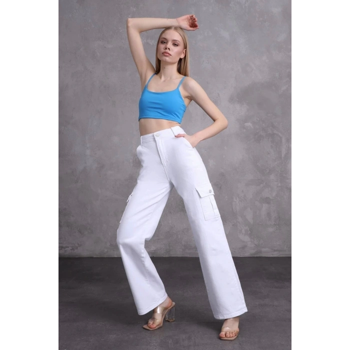 Kadın Beyaz Kargo Cepli Yüksek Bel Palazzo Jean