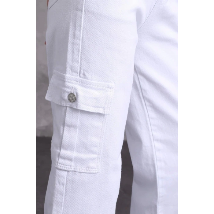 Kadın Beyaz Kargo Cepli Yüksek Bel Palazzo Jean