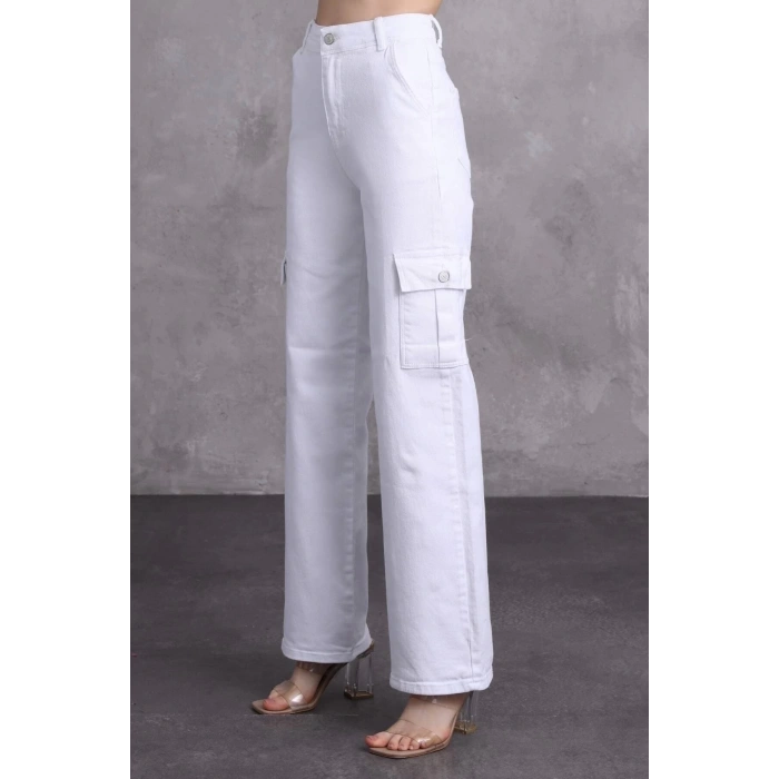 Kadın Beyaz Kargo Cepli Yüksek Bel Palazzo Jean