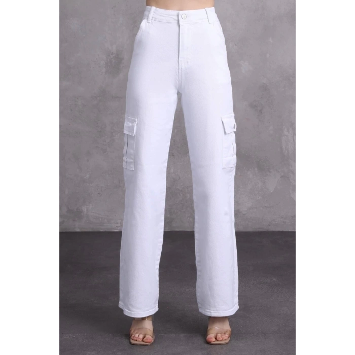 Kadın Beyaz Kargo Cepli Yüksek Bel Palazzo Jean
