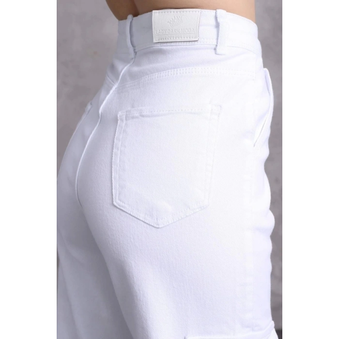 Kadın Beyaz Kargo Cepli Yüksek Bel Palazzo Jean