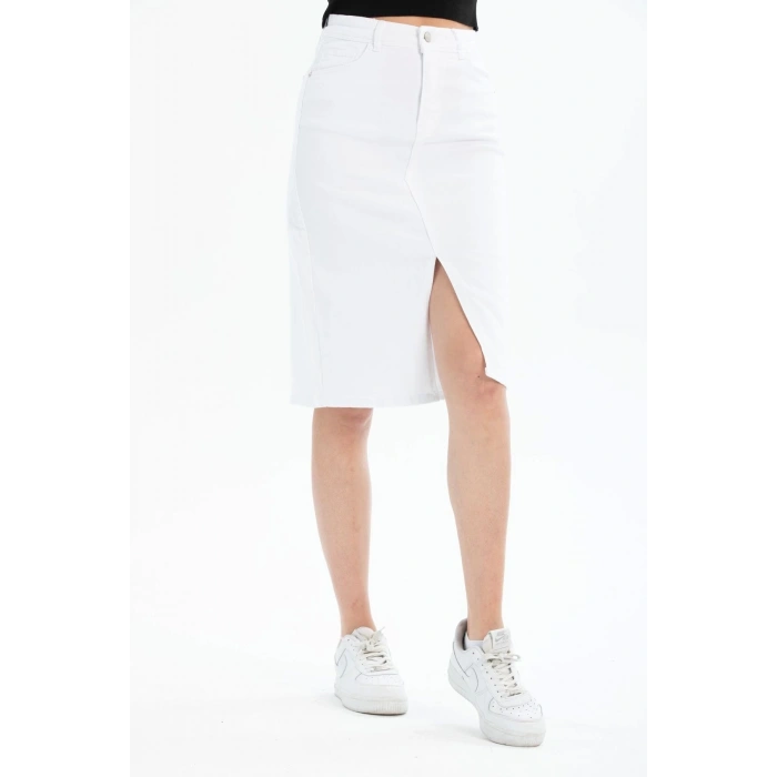 Kadın Beyaz Yırtmaçlı Kot Etek Midi Boy