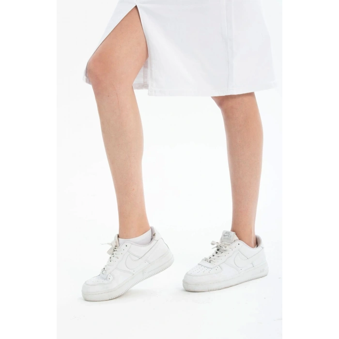 Kadın Beyaz Yırtmaçlı Kot Etek Midi Boy