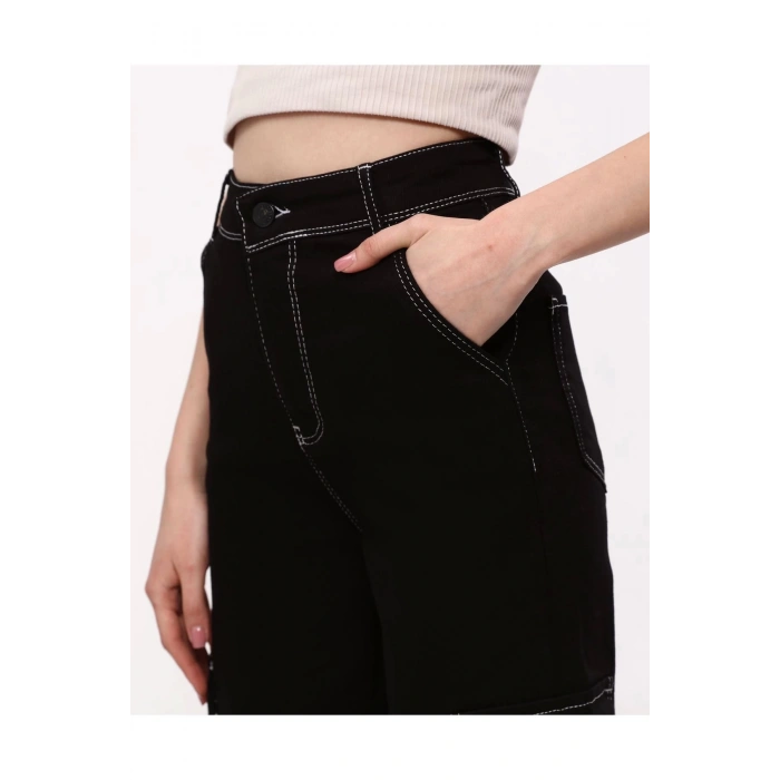 Süper Beyaz Dikişli Yüksek Bel Palazzo Kargo Jean (412-)