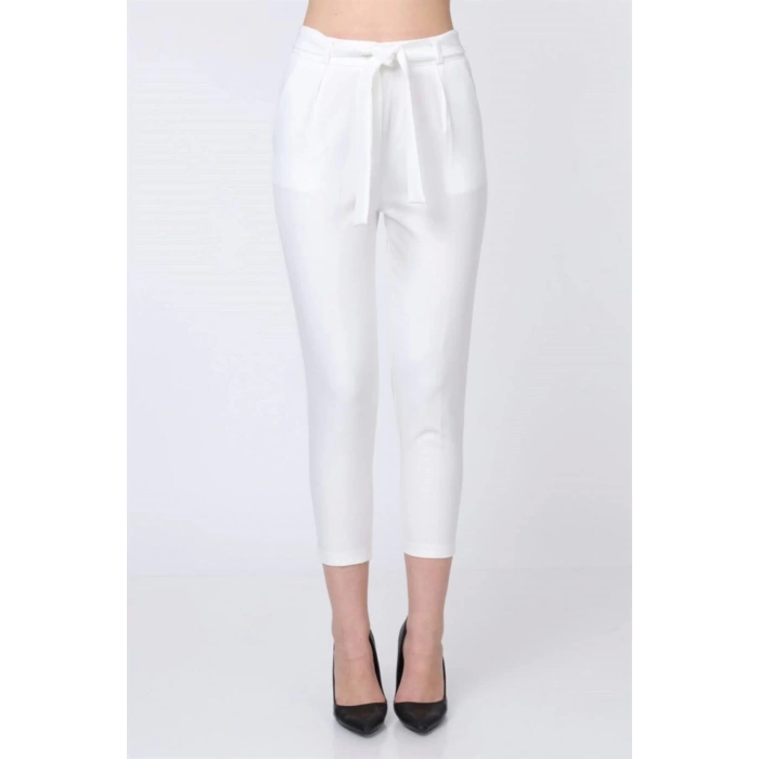 Kadın Kumaş Pantolon Kuşak Detay Beyaz
