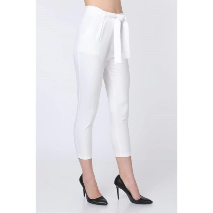 Kadın Kumaş Pantolon Kuşak Detay Beyaz