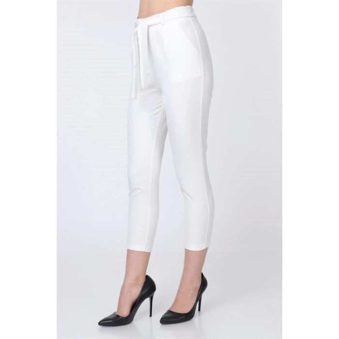 Kadın Kumaş Pantolon Kuşak Detay Beyaz