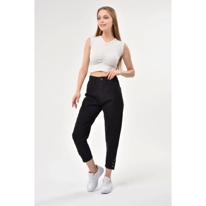 Kadın Paça Düğme Detay Mom Jean Siyah