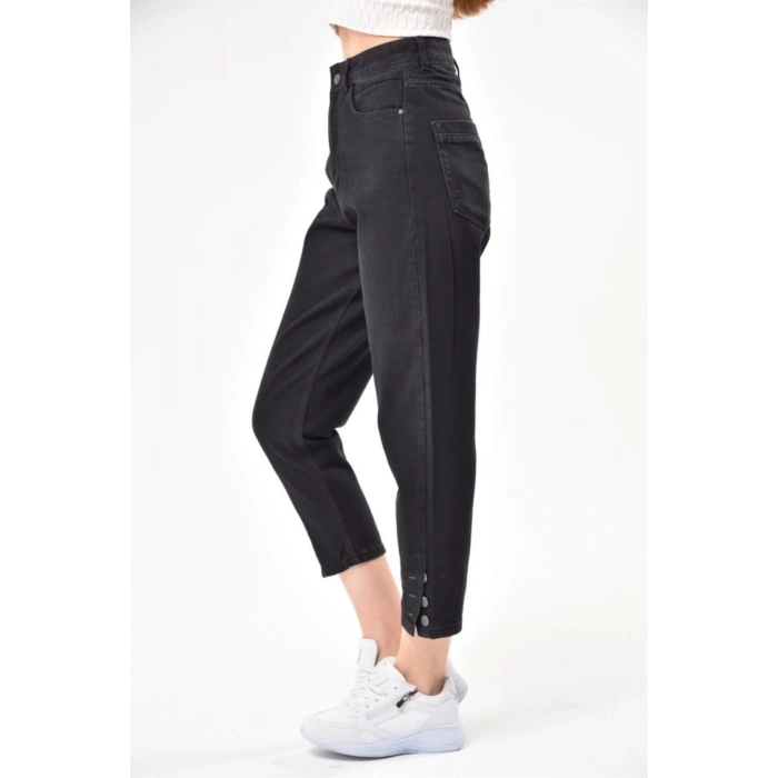 Kadın Paça Düğme Detay Mom Jean Siyah