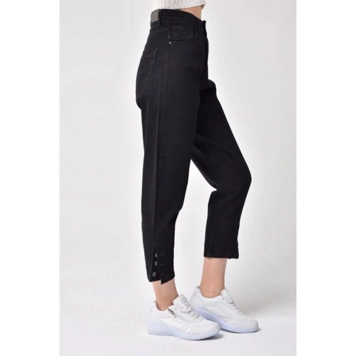 Kadın Paça Düğme Detay Mom Jean Siyah