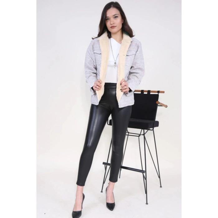 Içi Kürklü Kot Ceket Jakarlı Bej