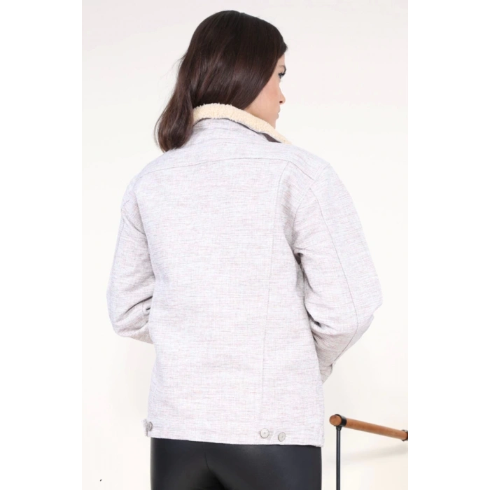 Içi Kürklü Kot Ceket Jakarlı Bej