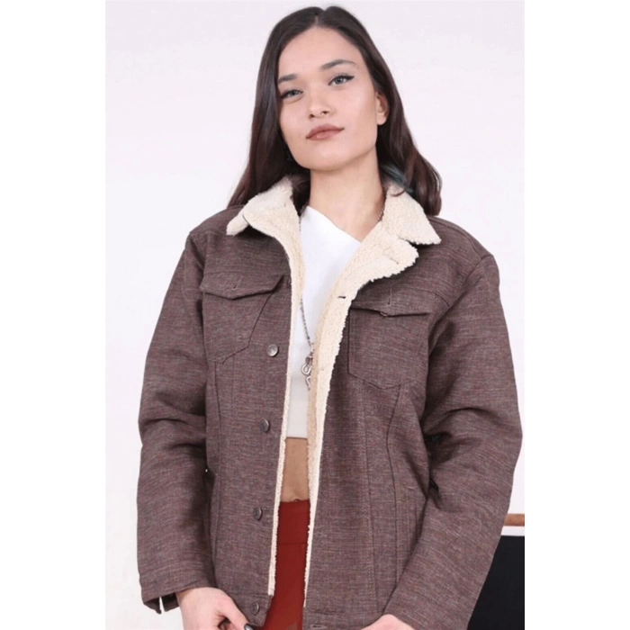 Içi Kürklü Kot Ceket Jakarlı Kızıl