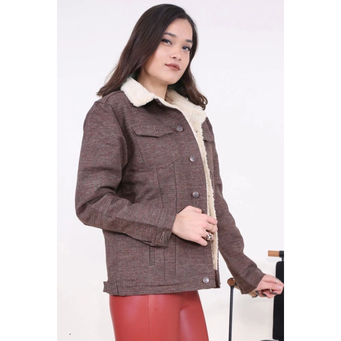 Içi Kürklü Kot Ceket Jakarlı Kızıl