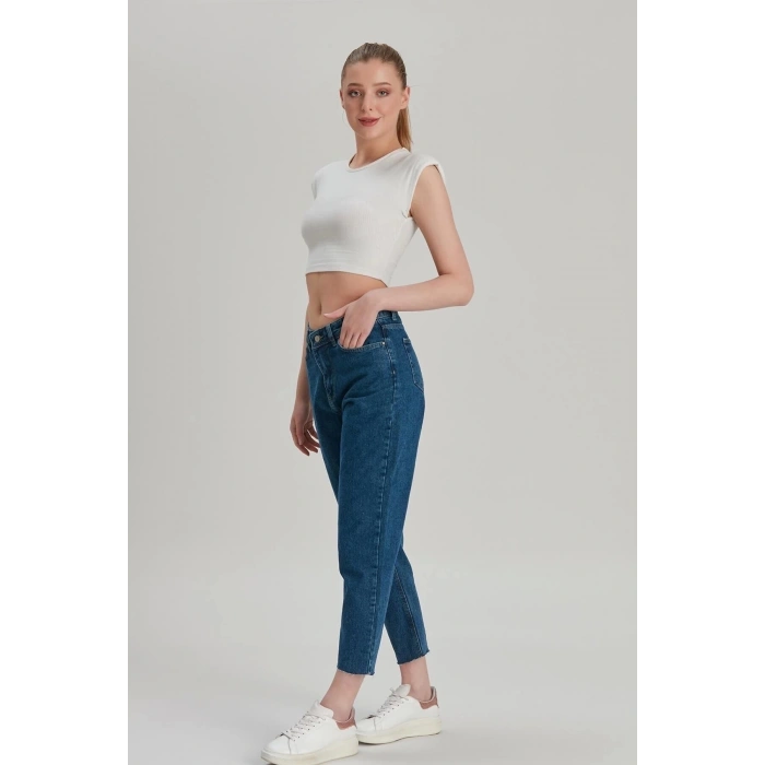 Kadın Mom Jeans Z Paça Enzim Yıkama Kot Mavi