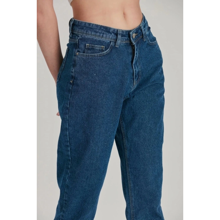 Kadın Mom Jeans Z Paça Enzim Yıkama Kot Mavi