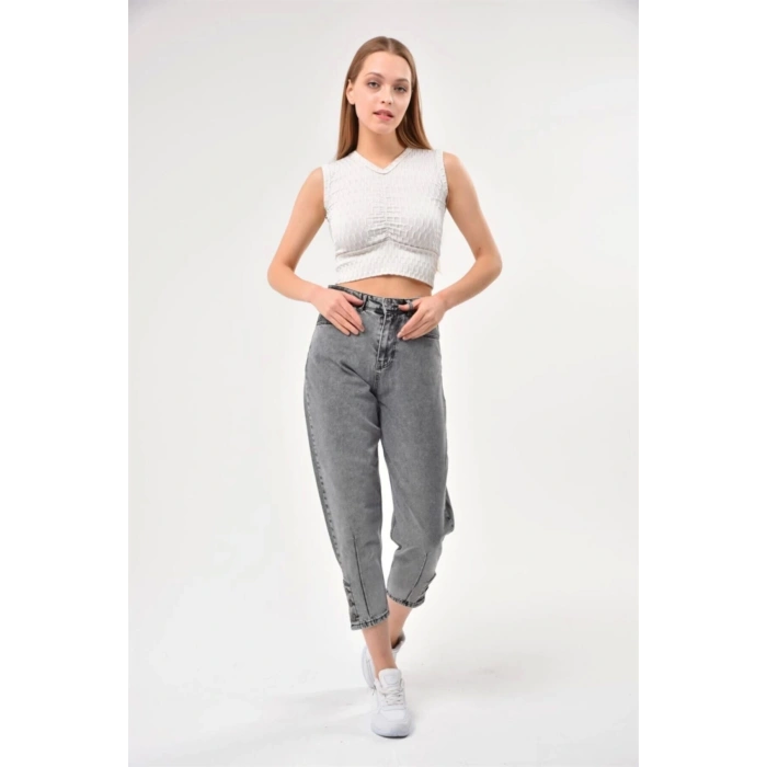 Kadın Paça Düğme Detay Mom Jean Füme