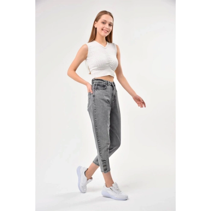 Kadın Paça Düğme Detay Mom Jean Füme