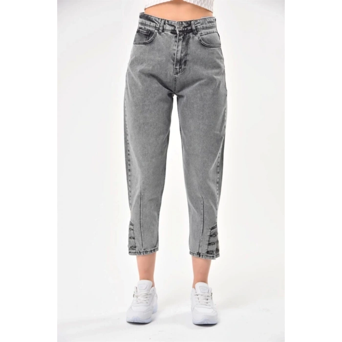 Kadın Paça Düğme Detay Mom Jean Füme