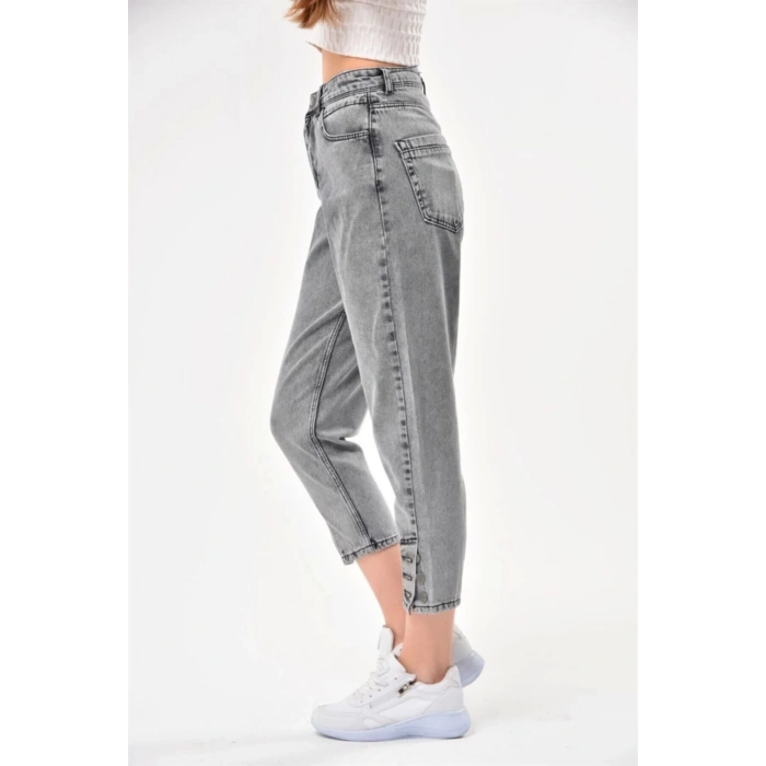 Kadın Paça Düğme Detay Mom Jean Füme