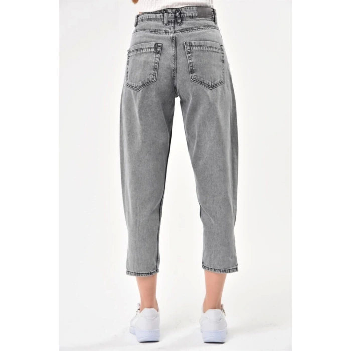 Kadın Paça Düğme Detay Mom Jean Füme