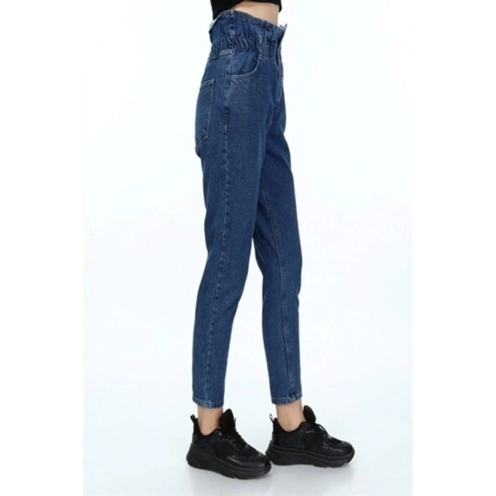 Kemer Lastik Detay Mom Jean Lacivert