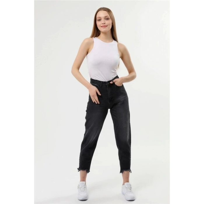 Kadın Slim Fit Mom Jean Taşlanmış Füme