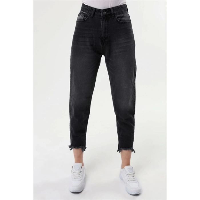 Kadın Slim Fit Mom Jean Taşlanmış Füme