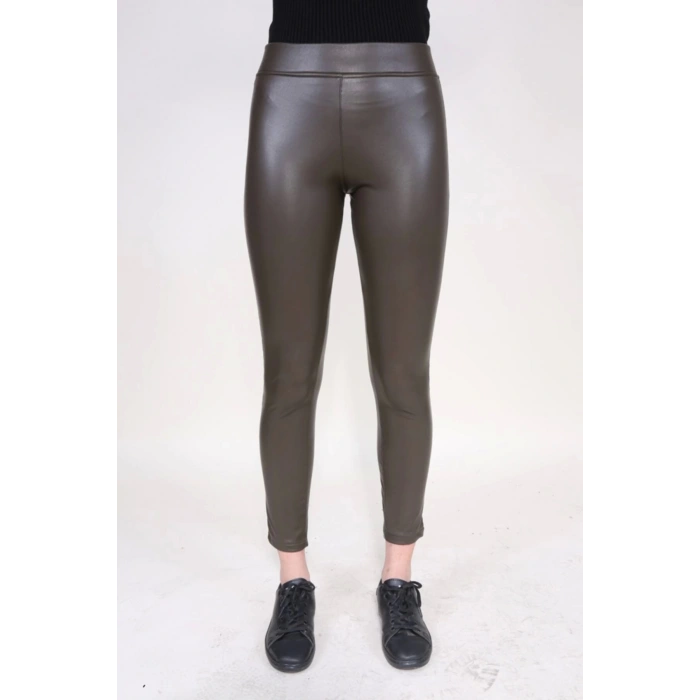 Kadın Haki Içi Polarlı Yüksek Bel Deri Görünümlü Tayt