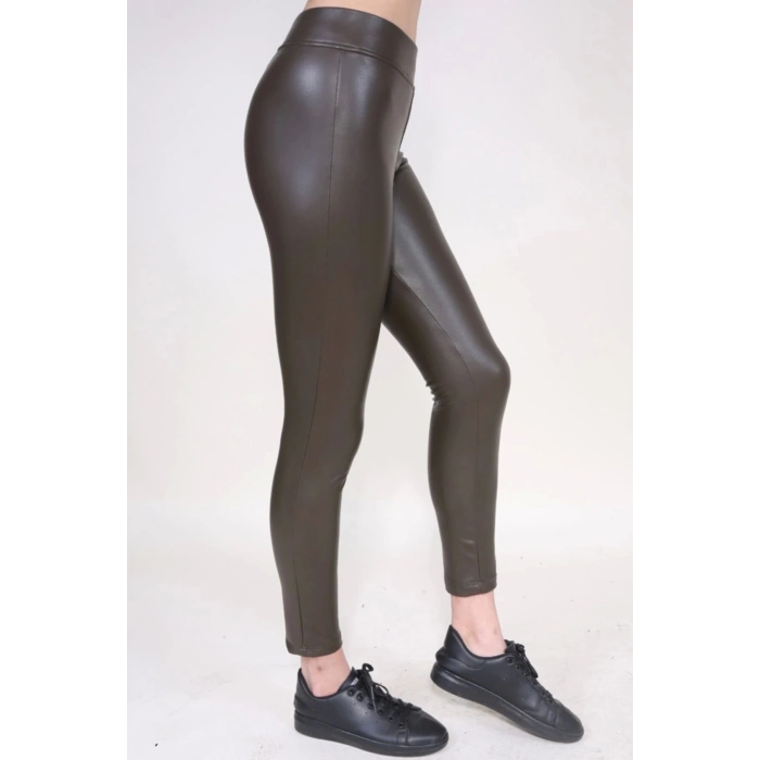 Kadın Haki Içi Polarlı Yüksek Bel Deri Görünümlü Tayt