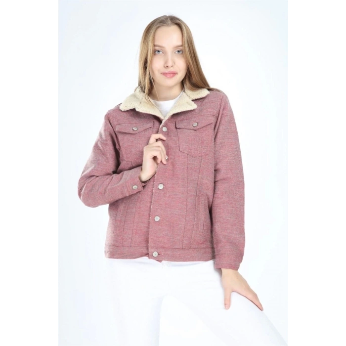 Içi Kürklü Kot Ceket Jakarlı Kırmızı