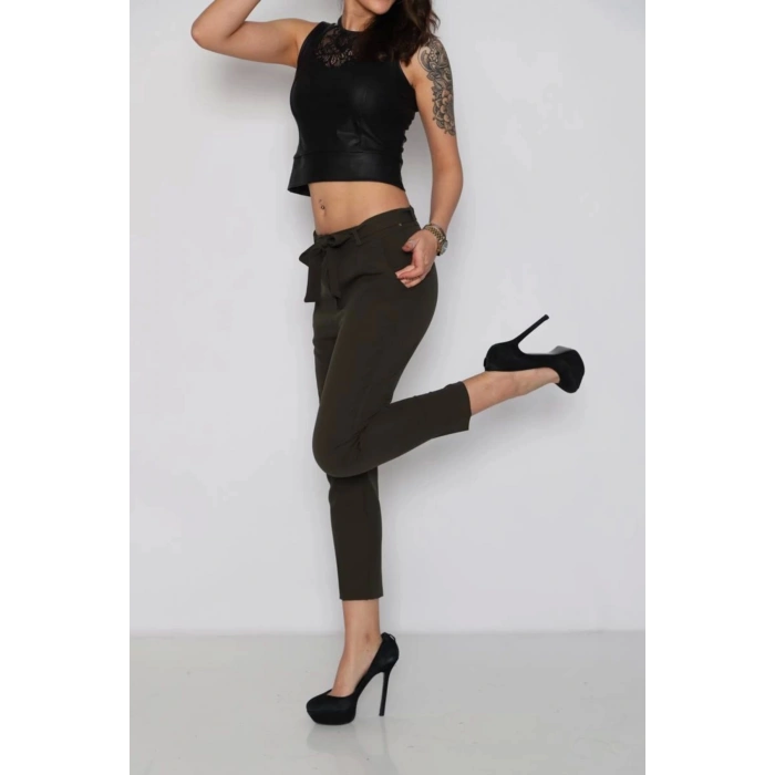 Kadın Kumaş Pantolon Kuşak Detay Haki