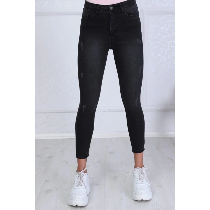 Kadın Skinny Fit Yüksek Bel Jeans Füme Eskitme Detay