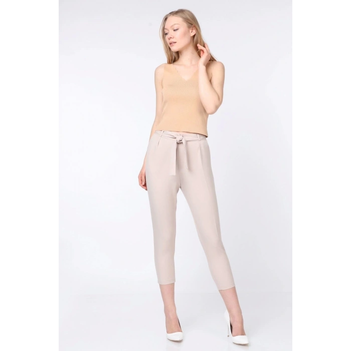 Kadın Kumaş Pantolon Kuşak Detay Bej
