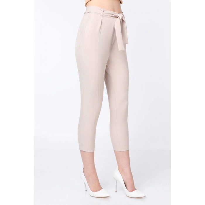 Kadın Kumaş Pantolon Kuşak Detay Bej